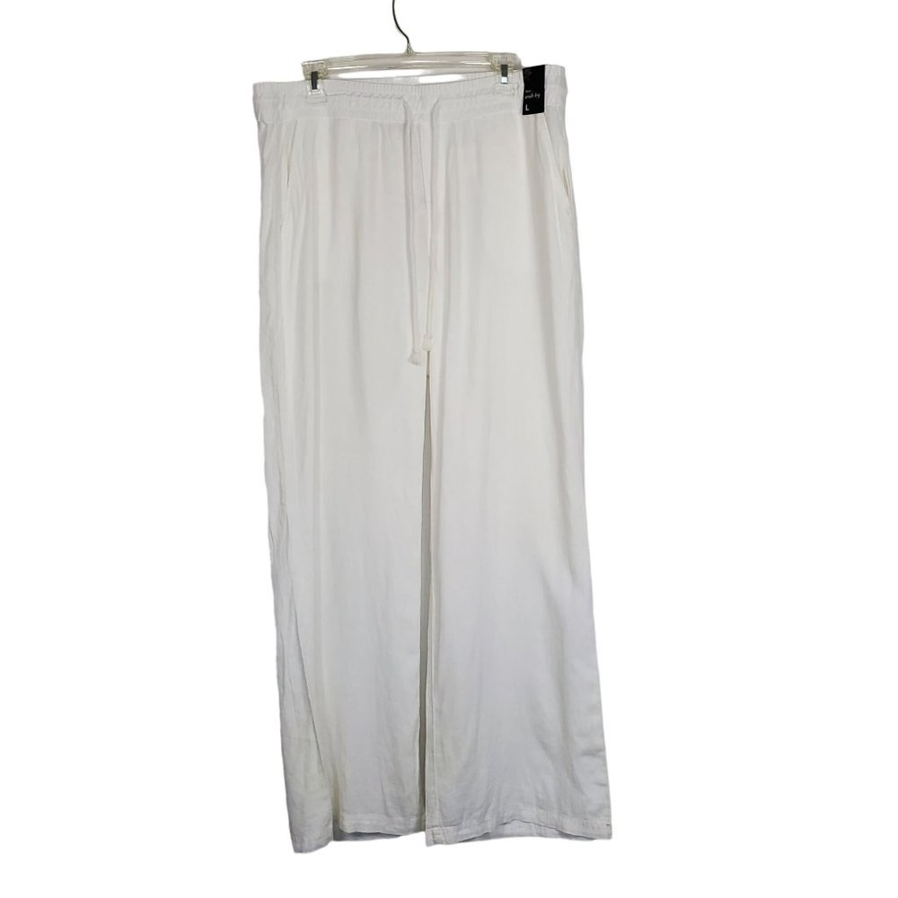 soho Street Womens Pants sz L Wide Leg Linen blend white drawstring NWT